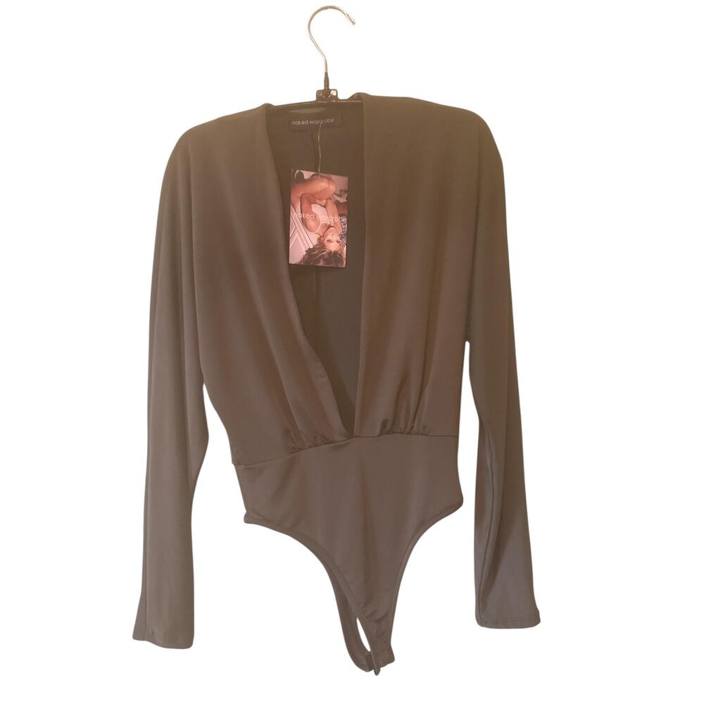 naked wardrobe Olive Green Long Sleeve Plunge Bodysuit